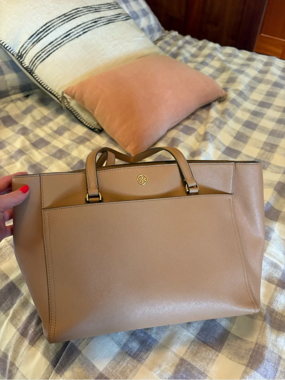 Tory Burch Saffiano Leather Tote in Taupe Brown with Gold Logo
